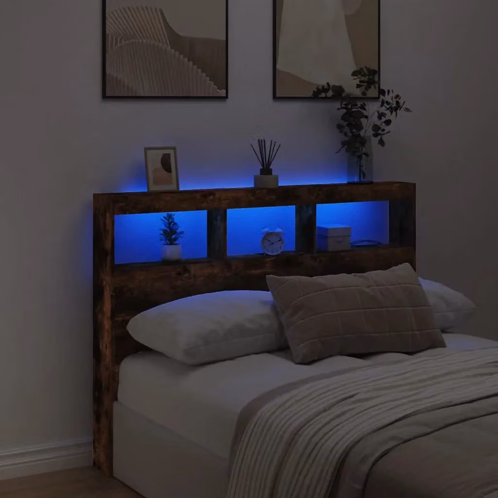 Berkfield Home Modern Smoked Oak Headboard Cabinet with LED Lighting and USB Charging Port, Brown, W: 140 cm, D: 17 cm, H: 102 cm – 4