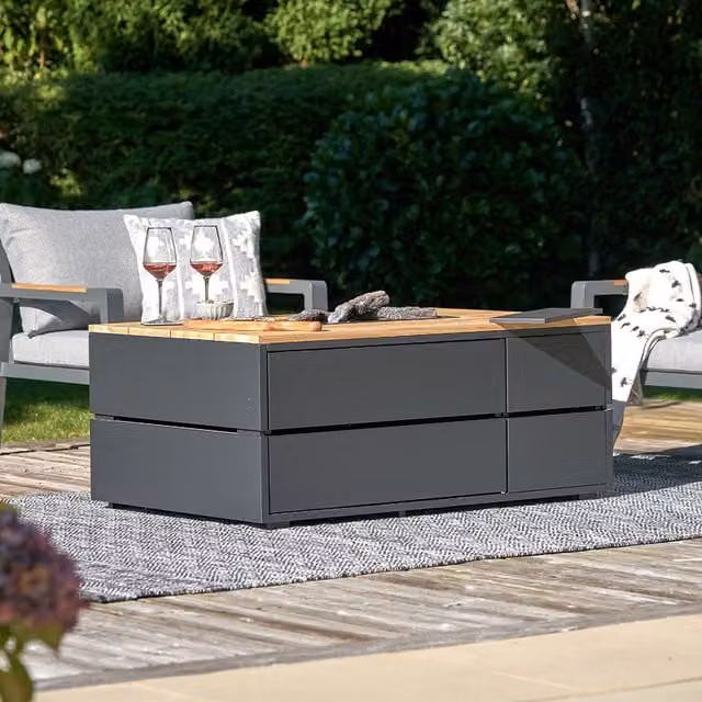 Cosipure Teak Rectangular Fire Pit Table in Black/Anthracite, Width: 120 cm