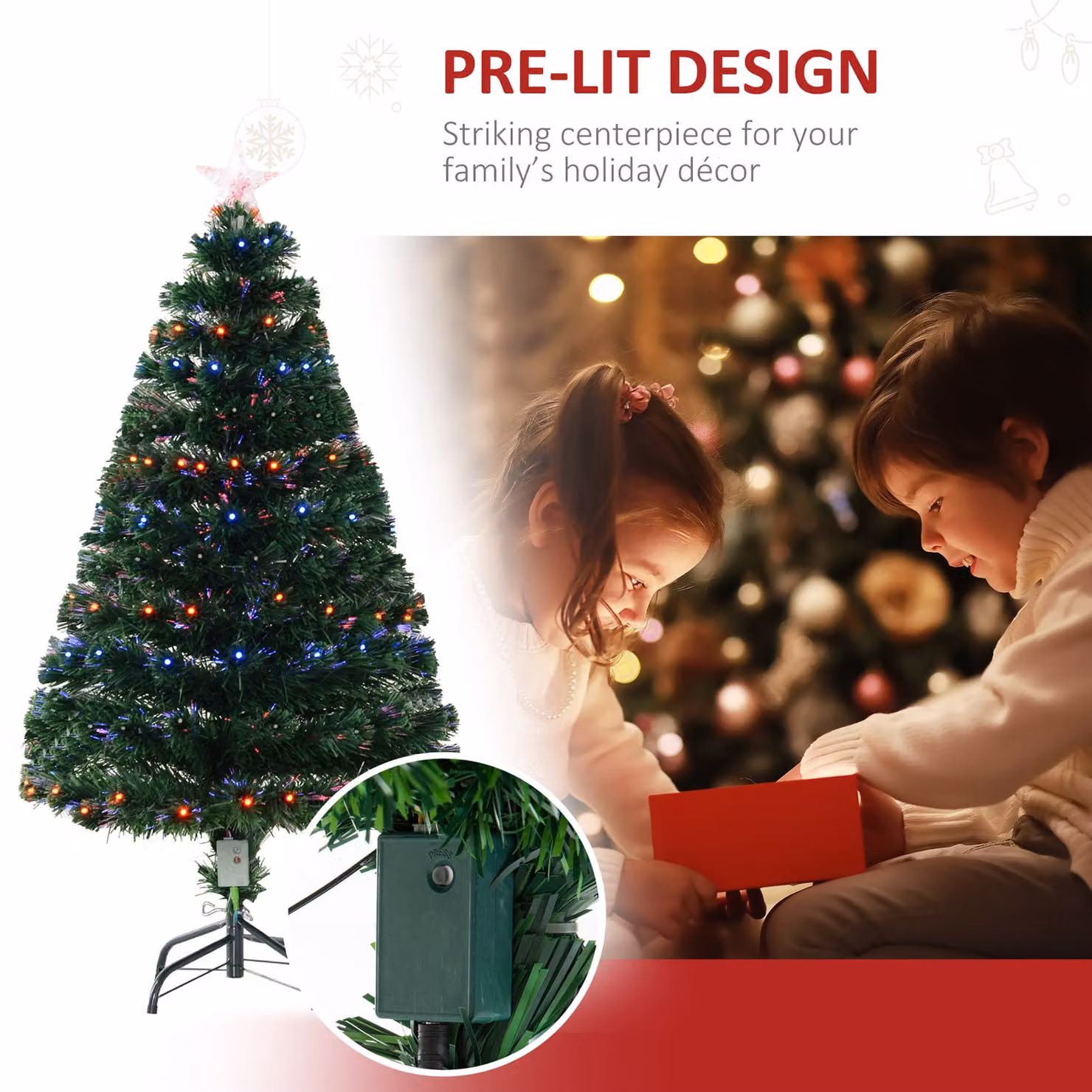 HOMCOM 4ft Pre-Lit Artificial Christmas Tree with Multi-Coloured Fiber Optic LED Lights – 5