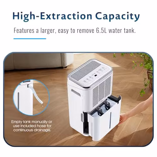 PureMate White Portable Compact Dehumidifier with 20L/Day Capacity, Continuous Drainage and 24-Hour Timer – 7