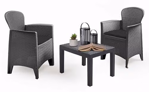 idooka 3 Piece Rattan Wicker Effect Bistro Set in Anthracite Grey, including Coffee Table and 2 Chairs for Garden, Balcony or Terrace – 1
