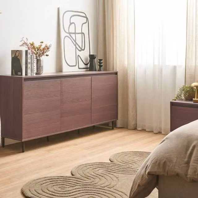 Wyld and Coco 3-Door Modern Sideboard in Brown with Black Metal Legs