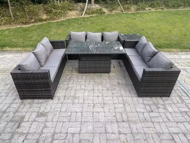Fimous 9 Seater Outdoor Rattan Garden Furniture Set with Adjustable Rising Lifting Dining Table in Dark Grey