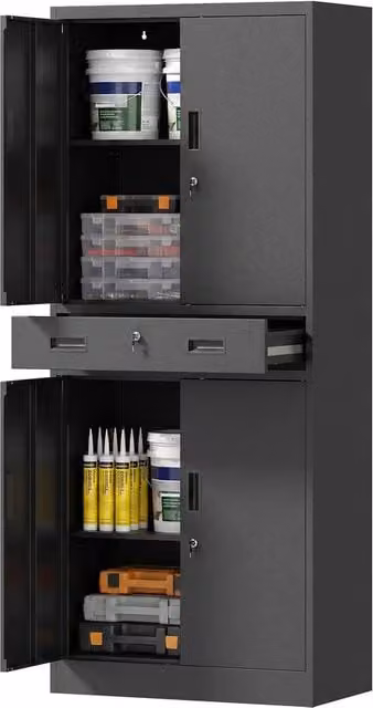 HOMCOM Lockable Metal Tool Storage Cabinet with Drawer, Black, H 180 x W 75 x D 40 cm – 1