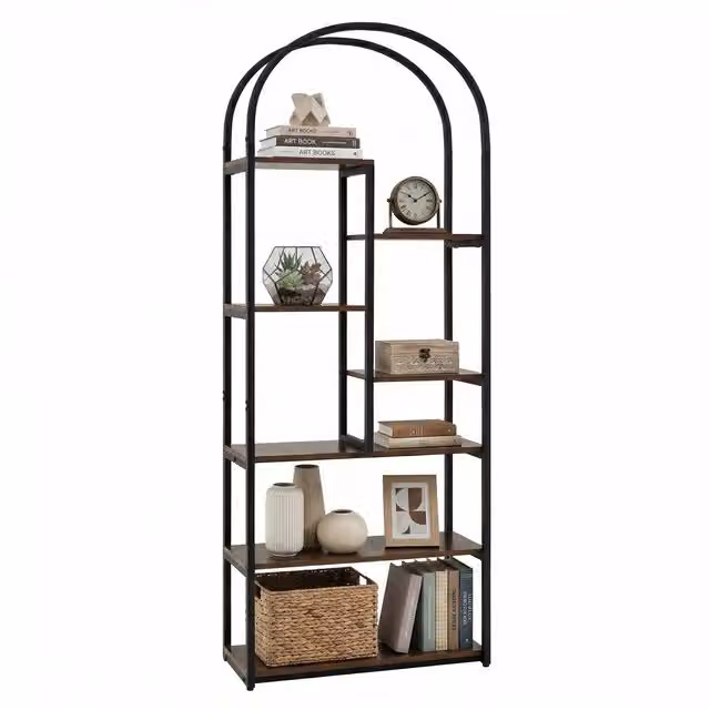 COSTWAY Industrial Arched Freestanding Bookcase in Brown