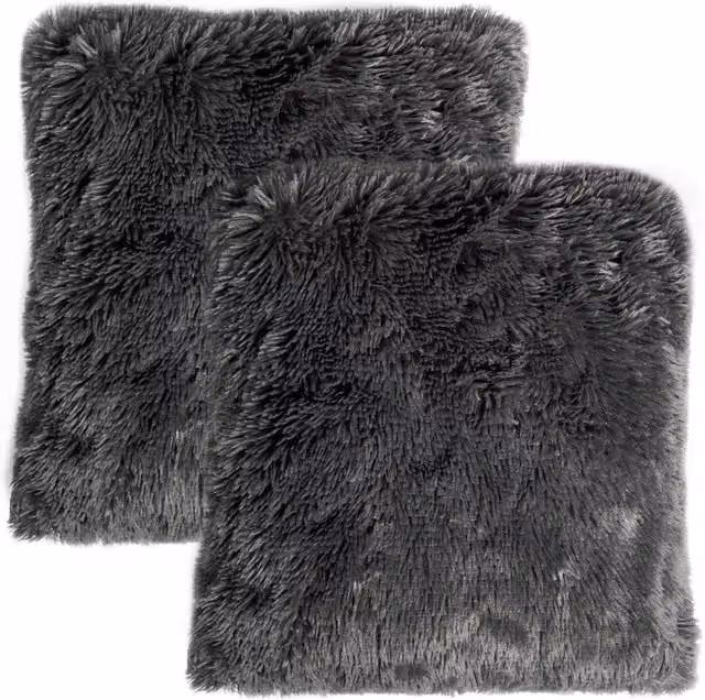 Sienna Pack of 2 Grey Plush Coral Fleece Square Cushion Covers, 45 cm