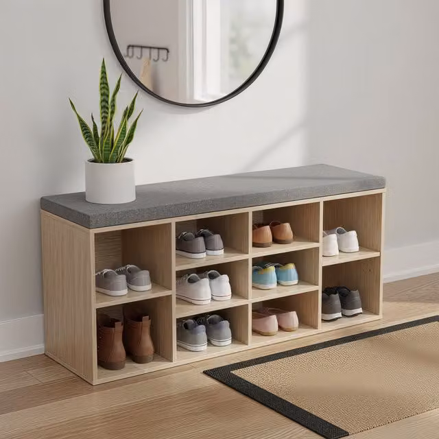 VASAGLE Shoe Bench with Cushion and Storage Compartments, Brown and Grey, W/D/H: 104 x 30 x 48 cm