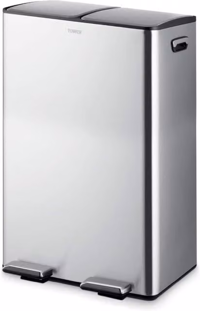 Tower 60L Recycling Pedal Bin with 2x30L Removable Inner Buckets in Silver and Green Stainless Steel