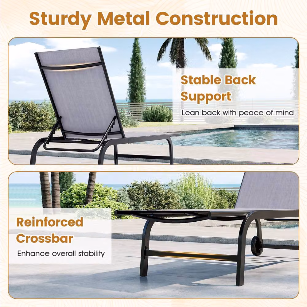 Costway Grey 6-Position Reclining Chaise Lounge Chair with Wheels and 181 Degree Full Flat Function – 6