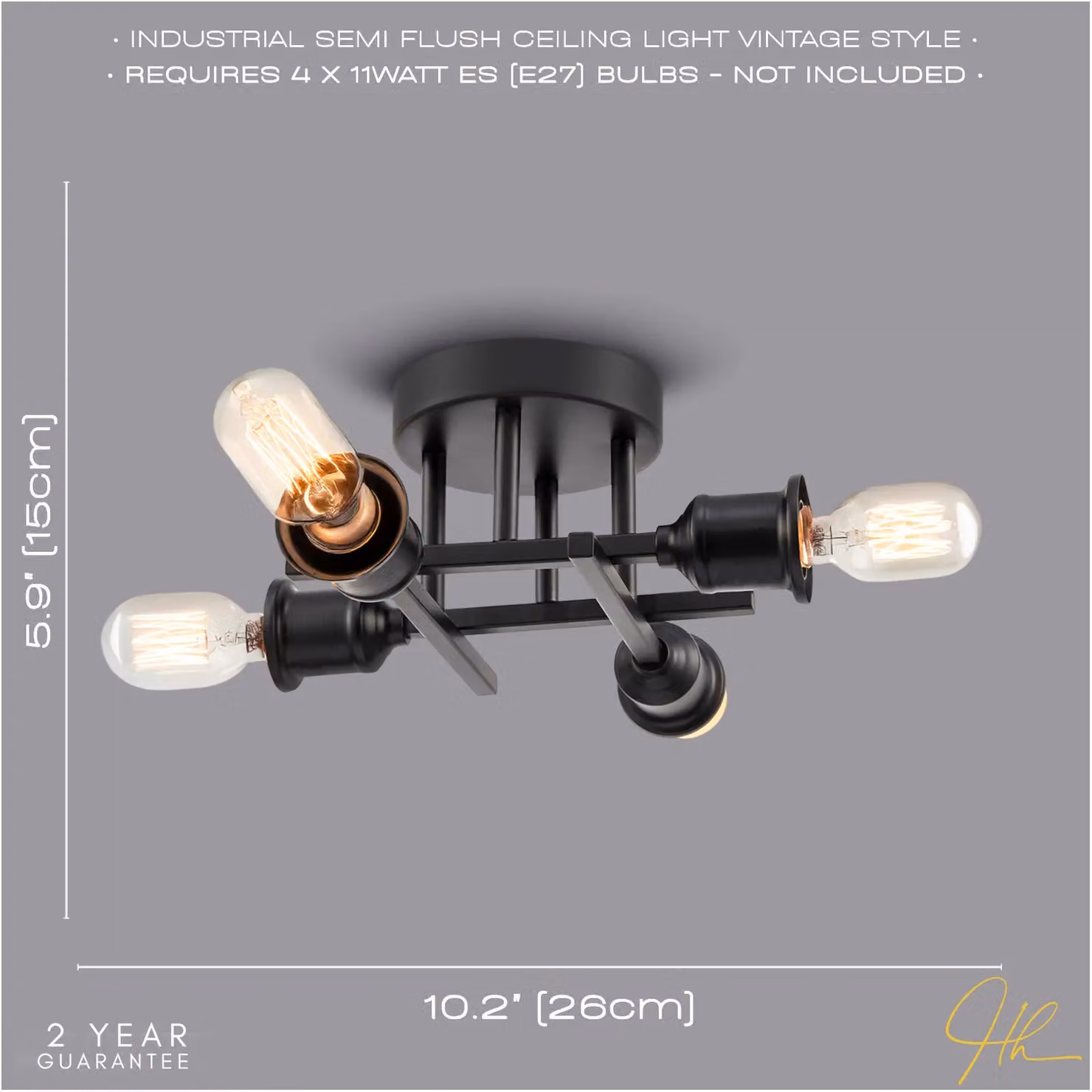 Happy Homewares Industrial Vintage Black Metal Ceiling Light Fitting with E27 Holders – 5