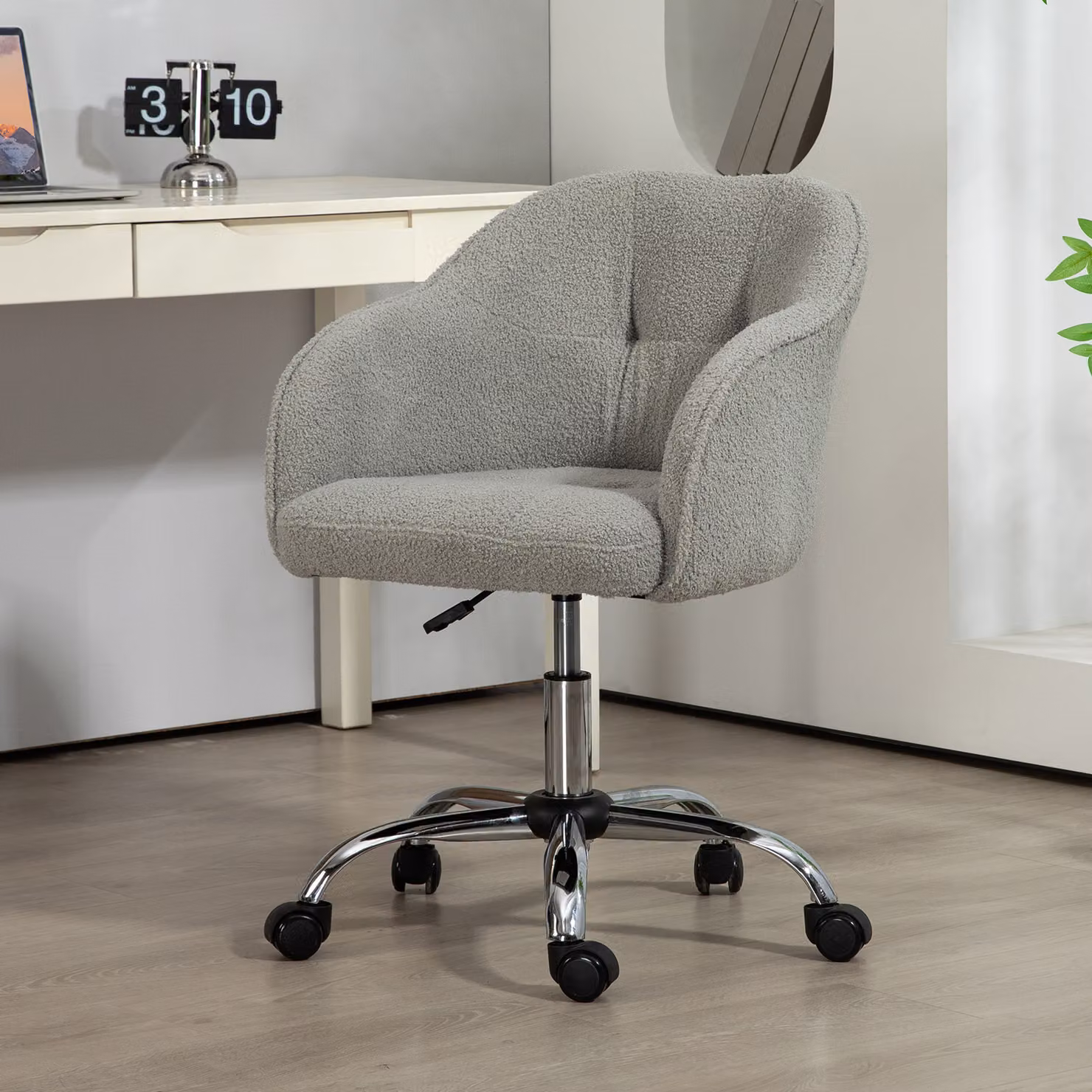 HOMCOM Grey Teddy Fleece Swivel Armchair with Tall Back and Height Adjustable Task Chair for Home Study or Makeup Vanity – 2