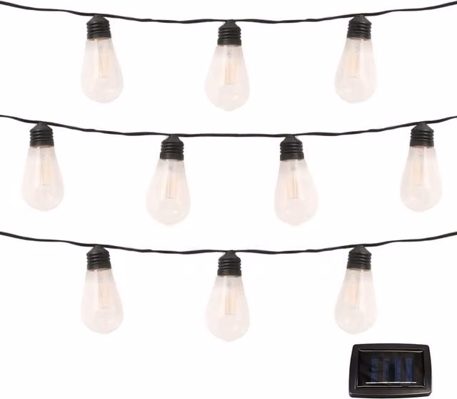 Gardenwize Solar Powered LED Filament Bulb String Lights, Warm White, Black