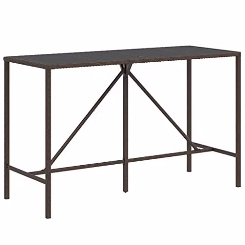 vidaXL Modern Bar Table with Glass Top in Brown Poly Rattan and Metal, W/D/H: 180 x 70 x 110 cm – 1