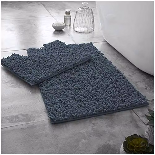 Gaveno Cavailia De Lavish Chenille Bath Mat and WC Pedestal Mat Set, Dark Grey