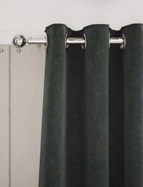 M&S Mid Grey Velvet Eyelet Curtains, Thermal Insulating and Opaque