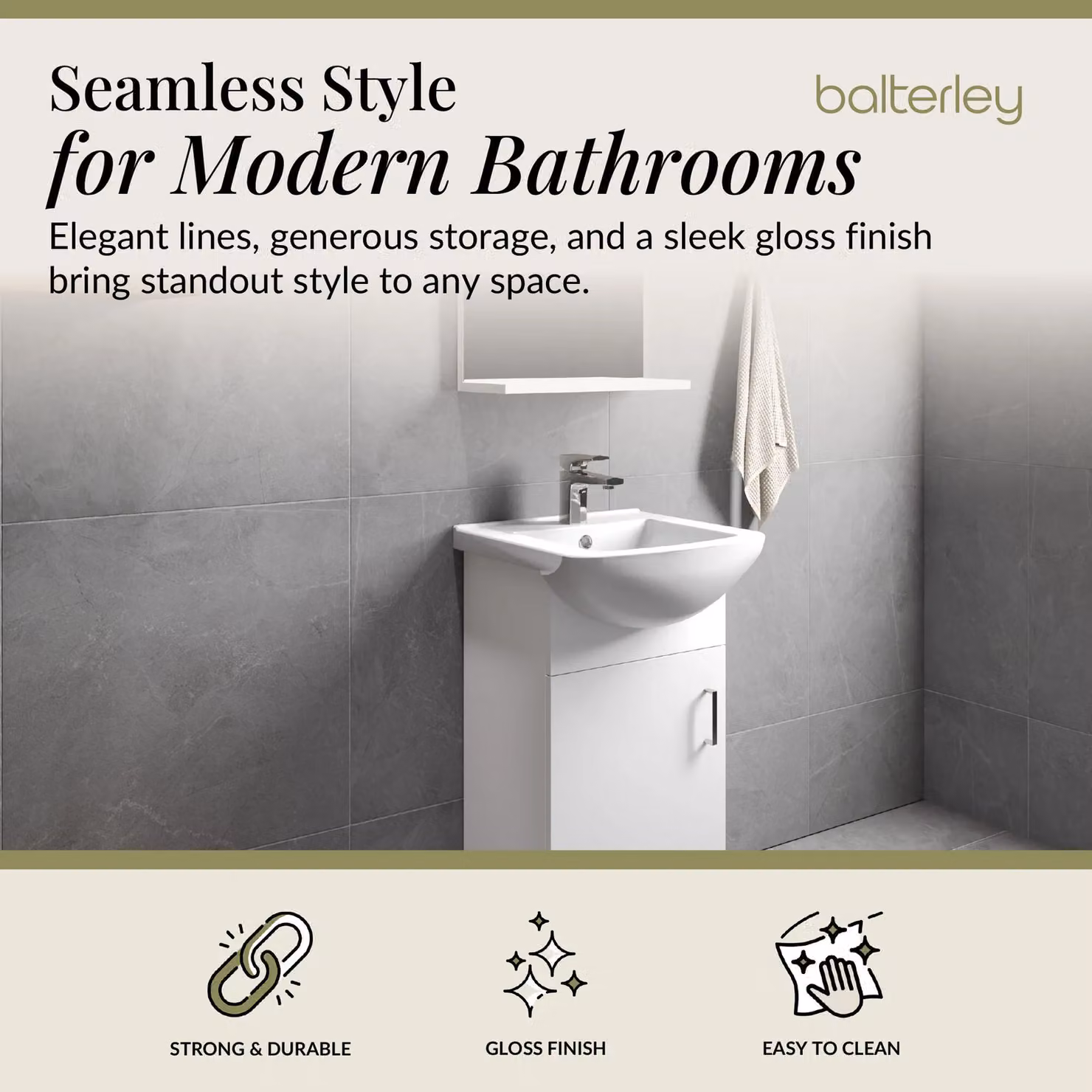 Balterley Gloss White 1 Door Freestanding Vanity Basin Unit with Square Basin W: 45 cm, D: 45 cm, H: 82.7 cm – 2