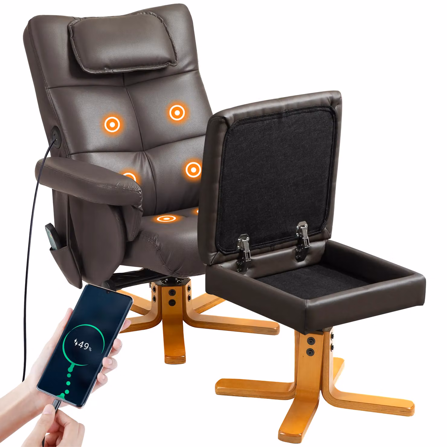HOMCOM Massage Recliner Chair with Footstool and Hidden Storage in Brown Synthetic Leather – 2