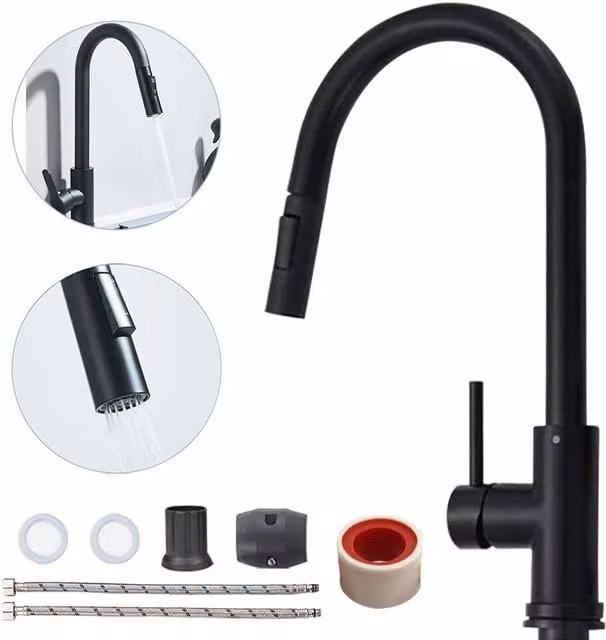Hinsinc Black Stainless Steel Kitchen Faucet with Single Lever and Pull Out Swivel Spout