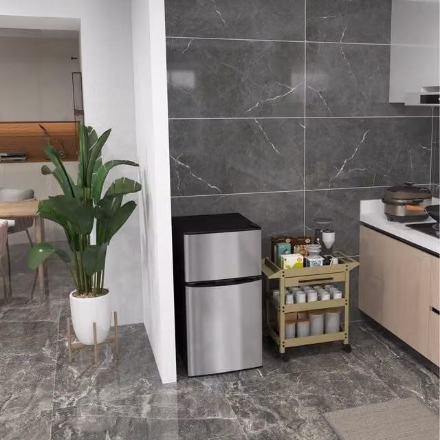 HOMCOM 88L Under Counter Fridge Freezer with LED Interior Light and 5-Setting Thermostat in Black and Silver Tone