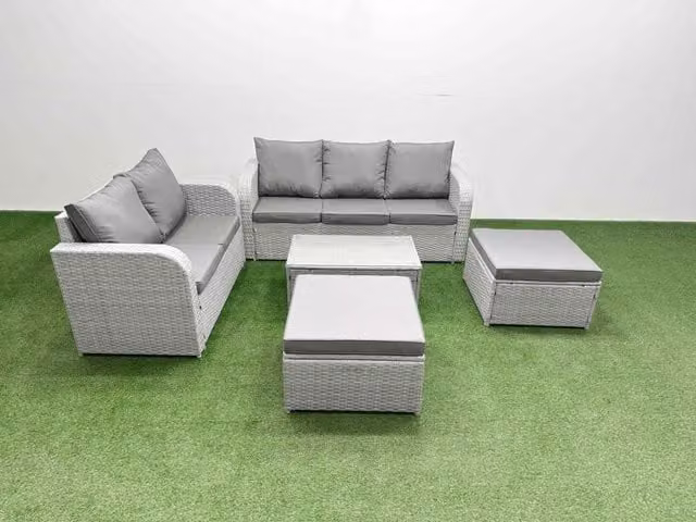 Fimous 7 Seater Grey PE Rattan Wicker Garden Furniture Set with 3 Seater Sofa, 2 Seater Sofa, Coffee Table and 2 Ottomans