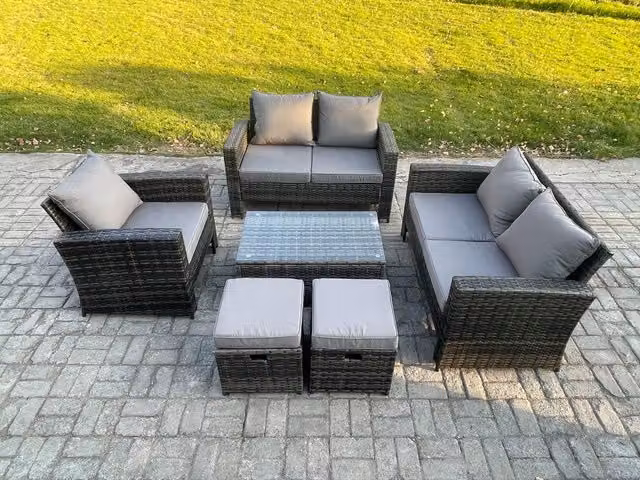 Fimous 7 Seater Rattan Garden Furniture Set with Rectangular Coffee Table and 2 Footstools in Dark Grey