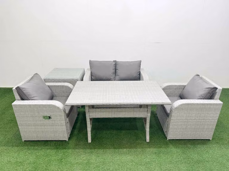 Fimous 4 Seater Light Grey PE Wicker Rattan Garden Furniture Set with Rectangular Glass Top Dining Table, Reclining Chairs and Side Table