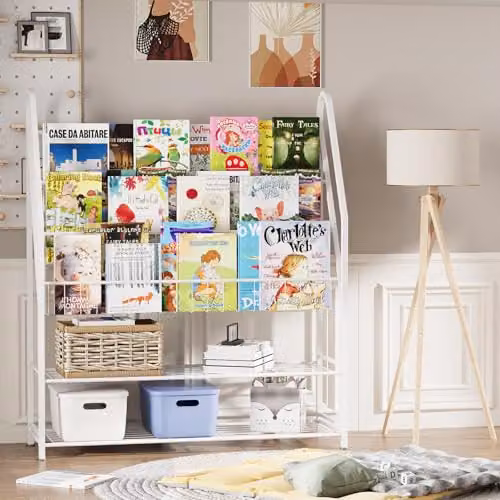 Huhote White Metal Childrens Bookshelf and Toy Storage Organizer for Bedrooms and Playrooms – 2