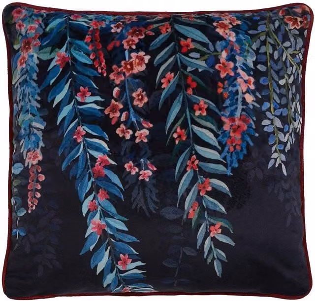 Soiree Blue Tropical Leaf and Fern Velvet Square Cushion with Removable Cover, W/D/H: 43 x 43 x 43 cm
