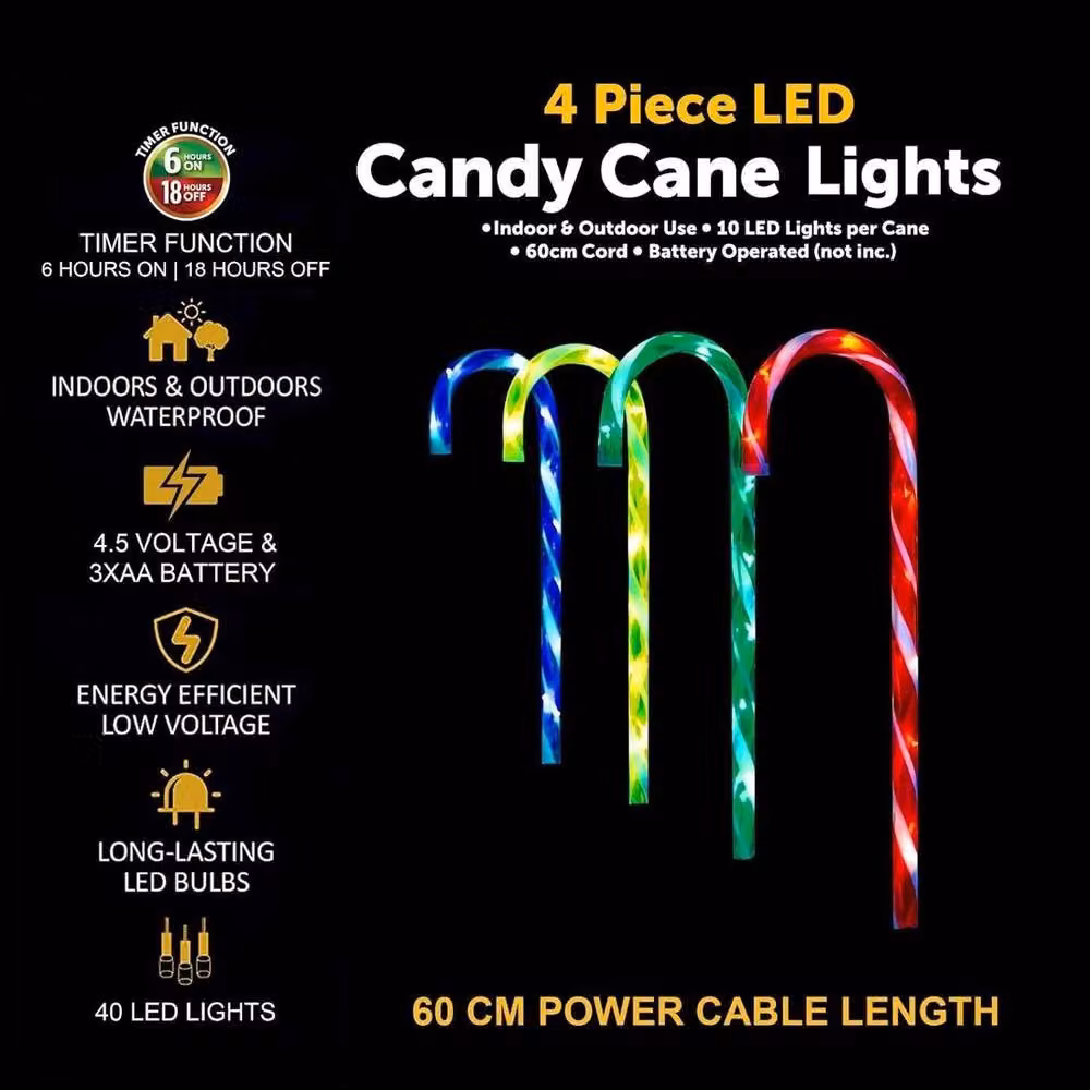 FLAVORA Multicoloured 4Pcs LED Candy Cane Christmas Lights with Timer, H 100 cm x W 15 cm – 3