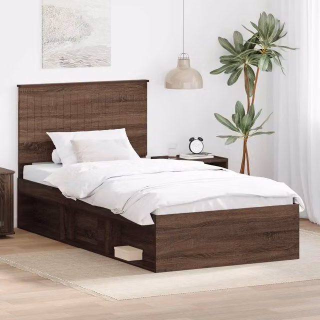 Berkfield Home Bed Frame with Headboard in Brown Oak and Solid Pine Wood, W: 100 cm, L: 200 cm – 1