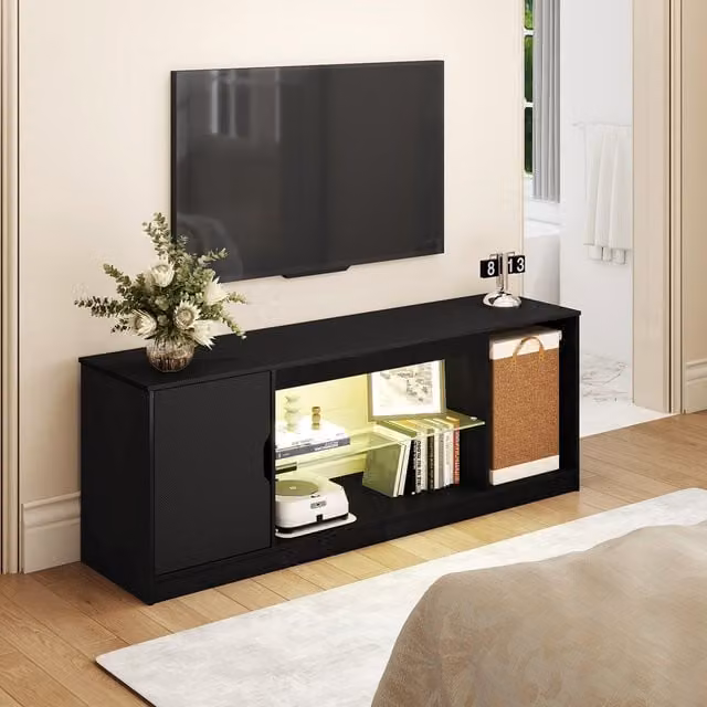 Levede Modern LED TV Stand Entertainment Unit in Black with Glass, W: 145 cm, H: 52.5 cm, D: 35 cm