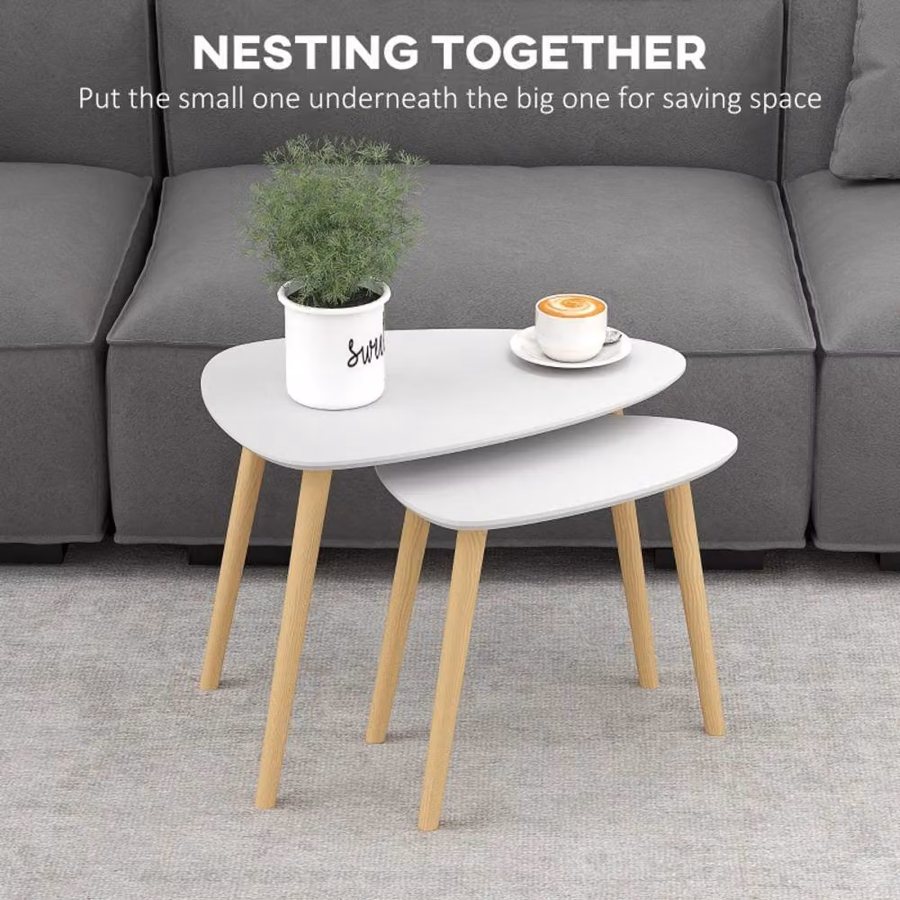 STILVORA Set of 2 Nesting Coffee Tables with White Matt Tops and Wooden Legs – 2