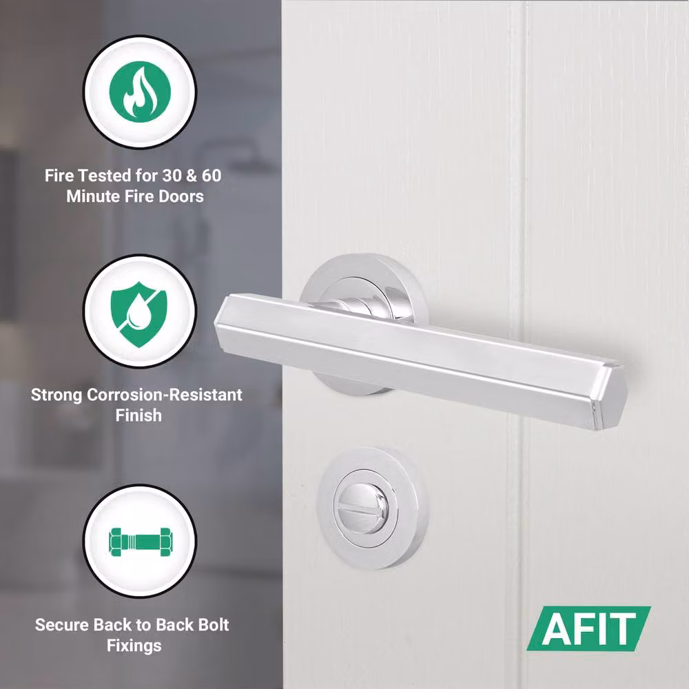 AFIT Polished Chrome Fire Door Handle and Lock Set with Hinges in Silver – 2