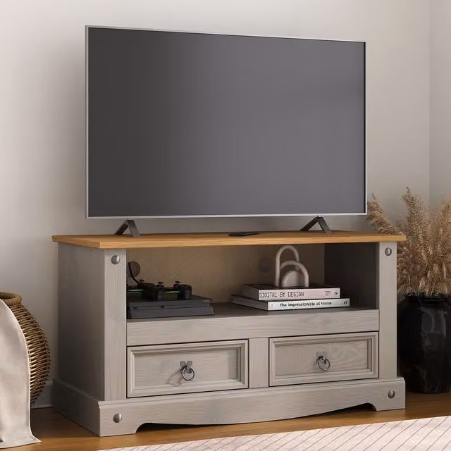 Mews Rustic Grey Waxed Pine 2 Drawer Flat Screen TV Stand