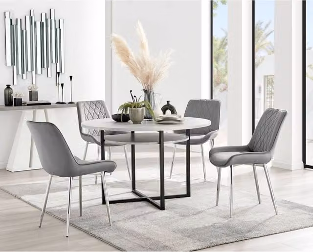 Furniturebox Adley Grey Concrete Effect Round Dining Table and 4 Pesaro Silver Velvet Chairs with X-Frame Metal Legs