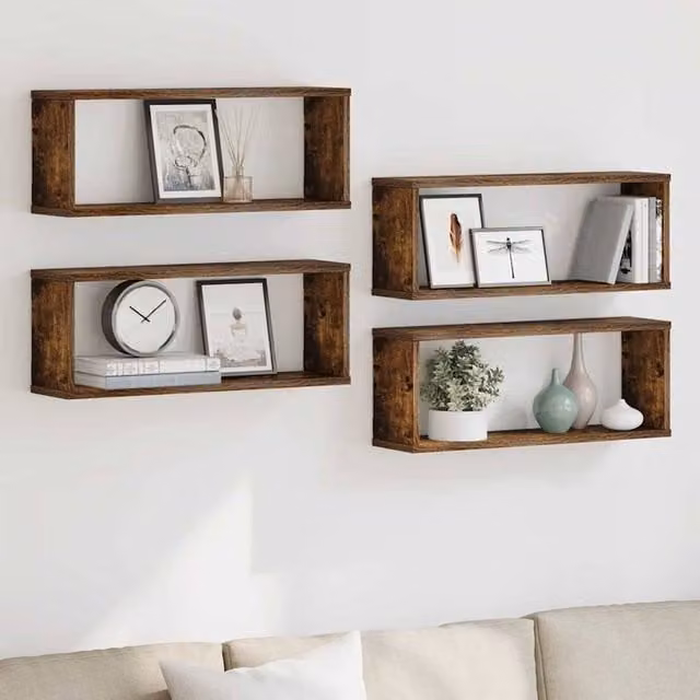 Berkfield Home Set of 4 Wall Mounted Cube Shelves in Smoked Oak Brown, W: 60 cm, D: 15 cm, H: 23 cm