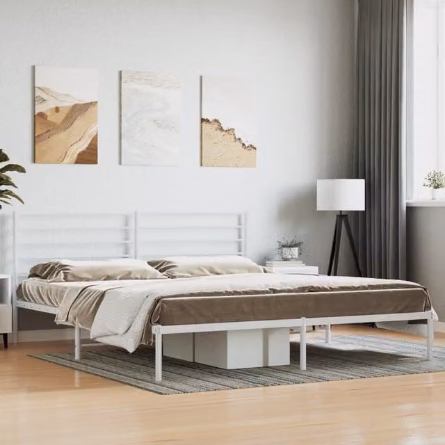 Berkfield Home Metal Bed Frame with Headboard in White W/D/H: 193 x 203 cm – 1