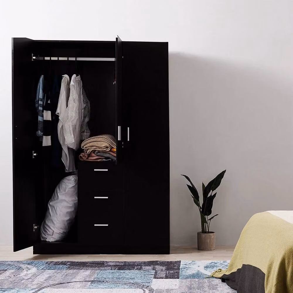 SPETLEK Modern Black 3-Door Triple Wardrobe with 3 Internal Drawers and Shelves – 4