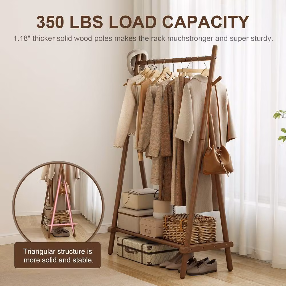 YQJJGL Mobile Rolling Clothes Rack with Hanging Rod and Storage Shelves in Walnut Wood and Metal – 4