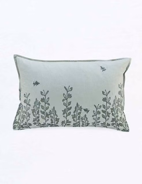 MM Linen Toby Embroidered Rectangular Bolster Cushion in Green Mix Cotton