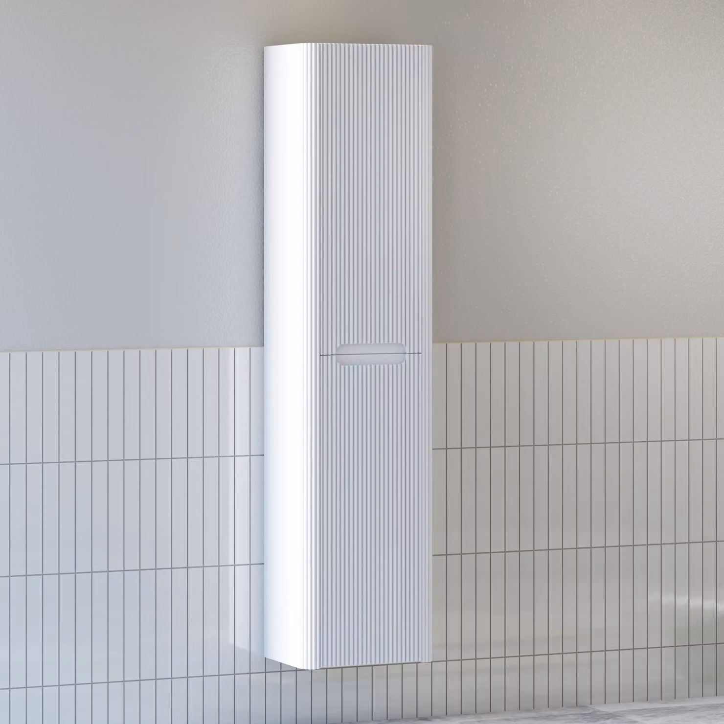 Royal Bathrooms Avenza White Matt 2-Door Wall Hung Tall Boy Bathroom Cabinet Unit, Height: 150 cm