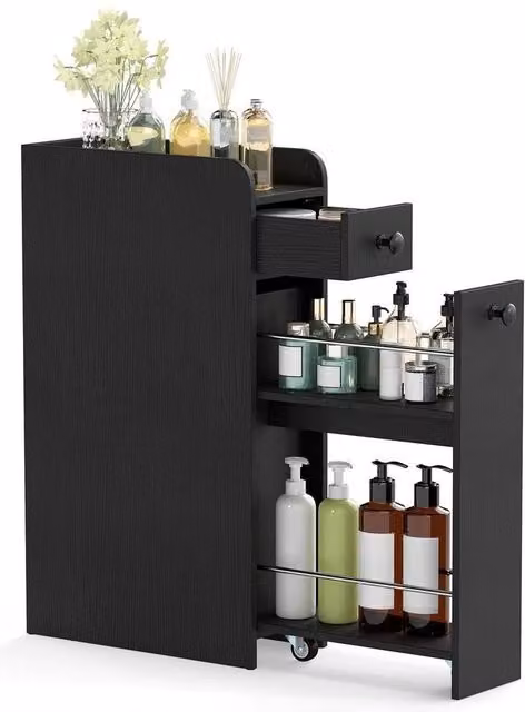 KORVIXA Modern Black Freestanding Bathroom Storage Cabinet with Internal Drawers and Shelves, W: 60 cm, H: 100 cm