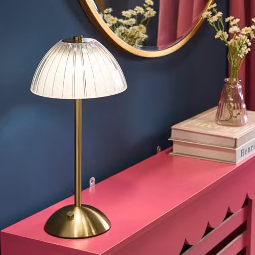 OHS Rechargeable LED Dome Table Lamp with Touch Control, Transparent Glass and Gold/Brass Finish – 3