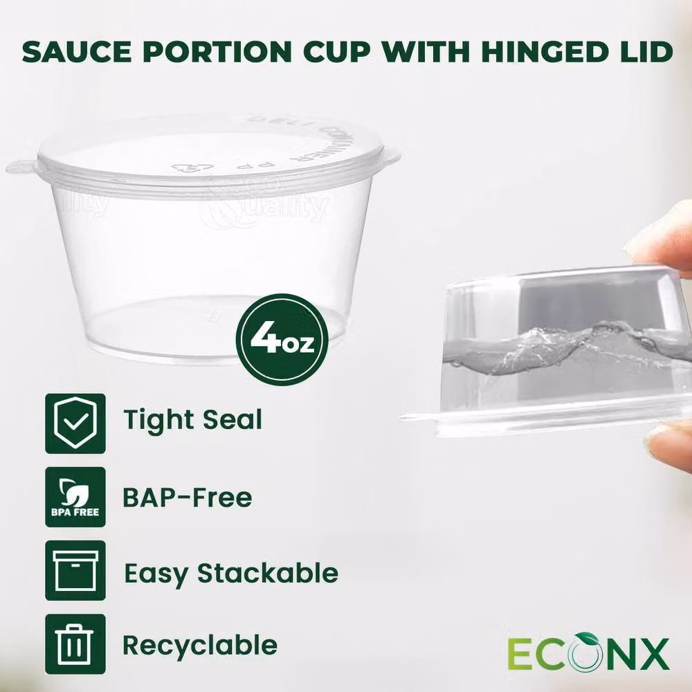 ECONX 50 Pack Clear Plastic Hinged Deli Sauce Pots, 4oz Leakproof and BPA Free Containers – 6