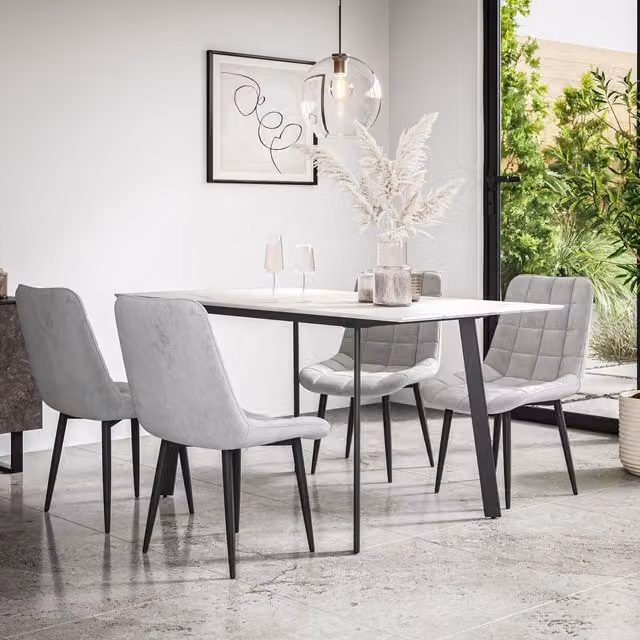 More4Homes Haydon Extending Dining Table and 6 Nova Grey Velvet Chairs Set with White Marble Effect Top and Black Legs, W/D/H: 120 x 80 x 76 cm