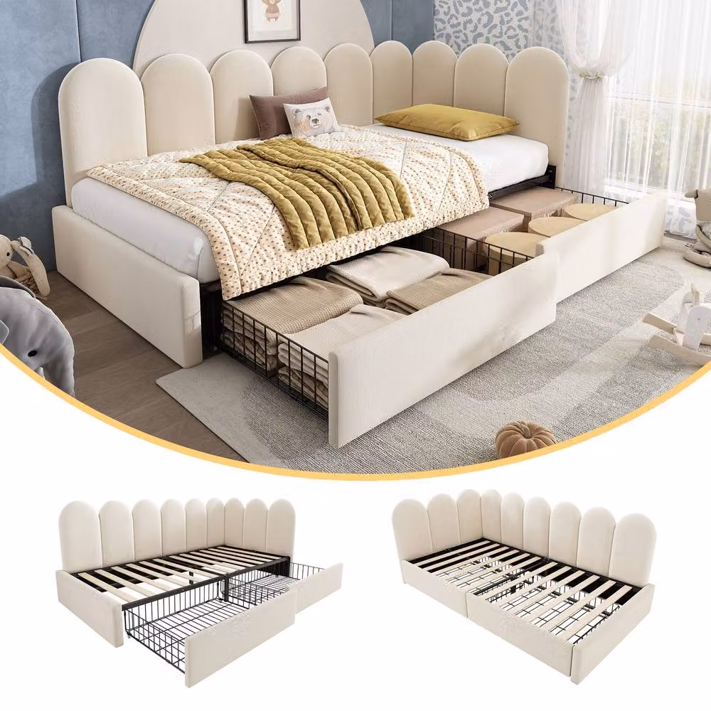 Rolipo Beige Velvet Single Sofa Bed with Storage Drawers W/D/H: 90 x 190 x 76 cm – 6