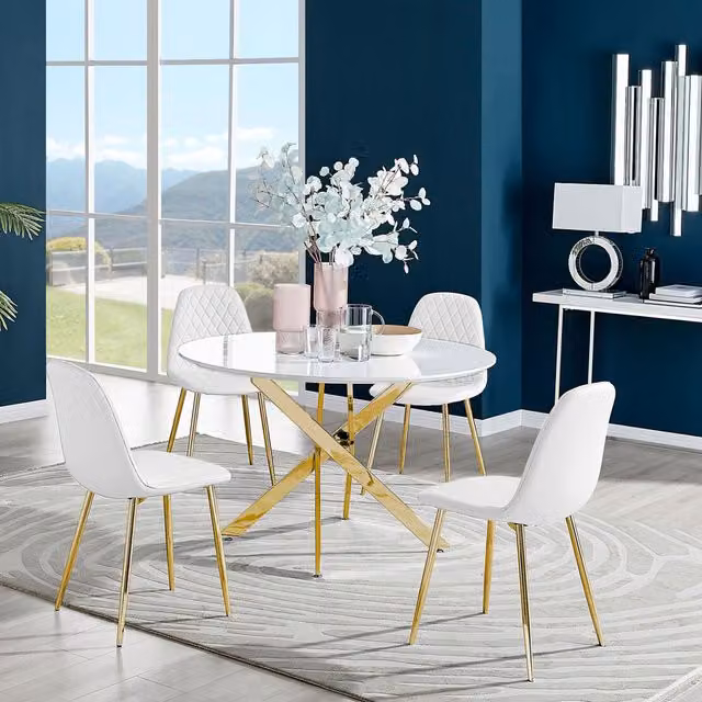 FurnitureboxUK Novara Round White Gloss Glass Dining Table with 4 Corona Gold Leg Chairs, White and Gold