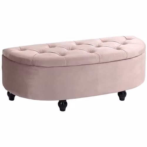 HOMCOM Pink Velvet Semi-Circle Ottoman Storage Bench with Tufted Upholstered Seat and Rubberwood Legs, W: 120 cm, D: 46 cm, H: 42 cm