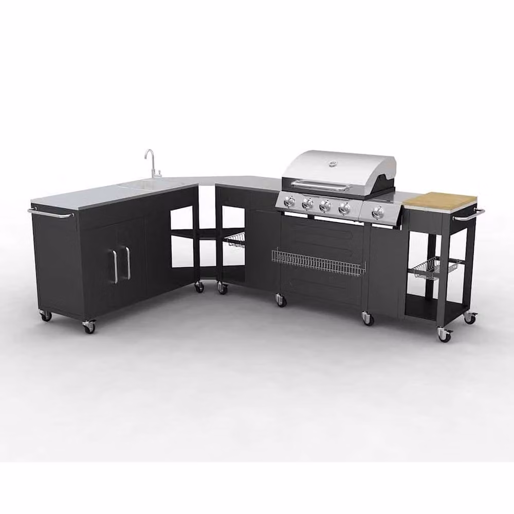 Berkfield Home Missouri 4 Burner Gas Outdoor Kitchen Barbecue in Black and Stainless Steel with Side Burner and Wheels