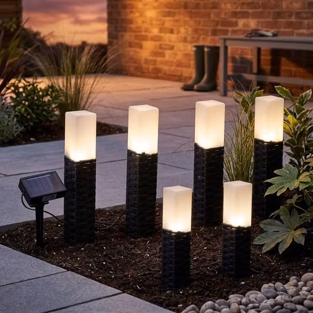 Garden Greatness 6 Pack Woven Rattan Solar Pathway Lights in Black